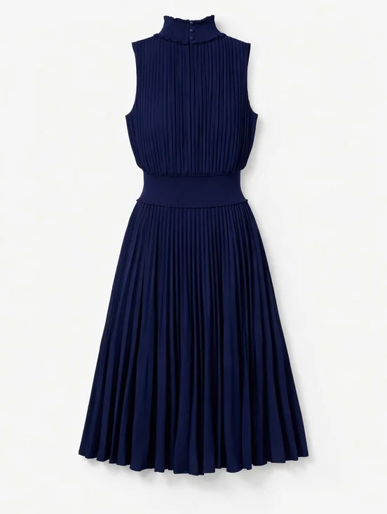 Nanette Lepore Navy Pleated Midi Dress Size 4 Sleeveless High Neck Minimalist - Picture 3 of 8